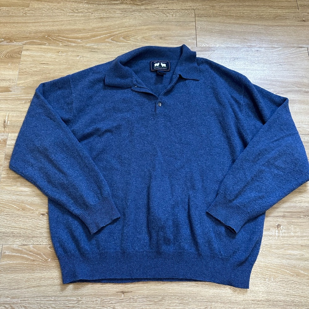Woods & Gray Men’s XL 100% Cashmere Knit Sweater Blue Collared Polo Pullover